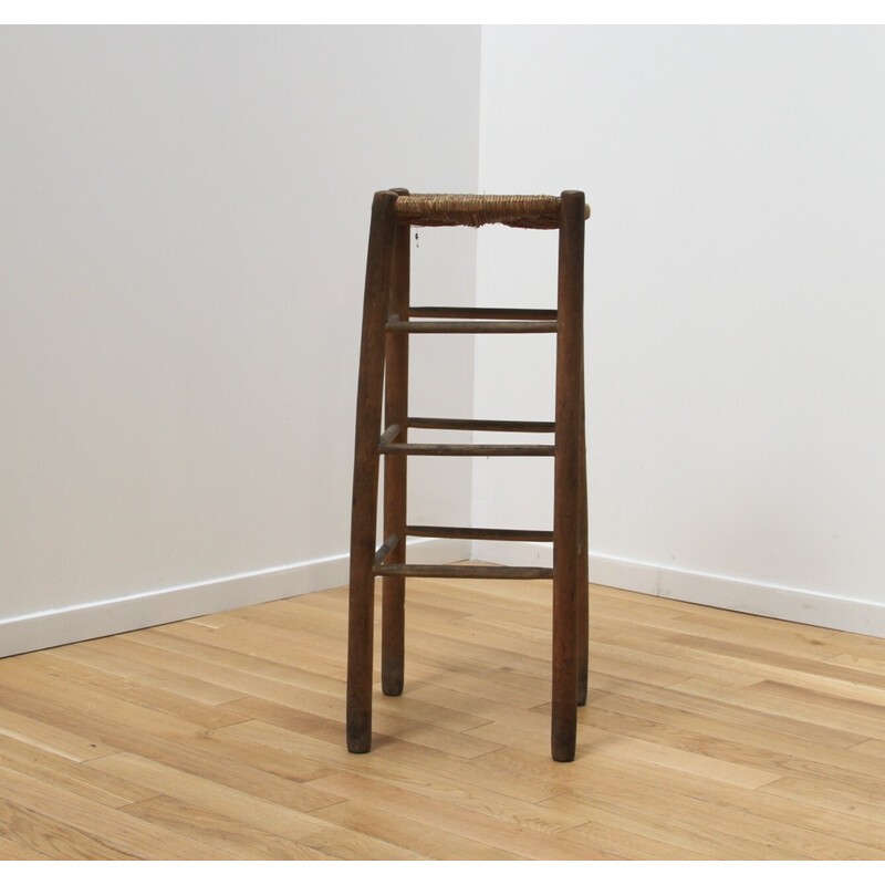 Pair of vintage wood and straw stools