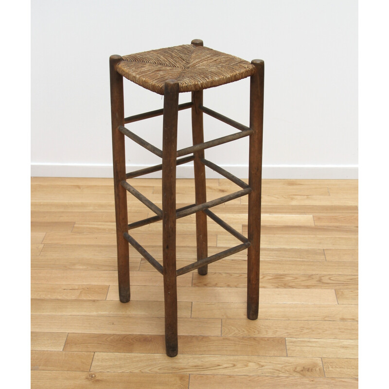 Pair of vintage wood and straw stools