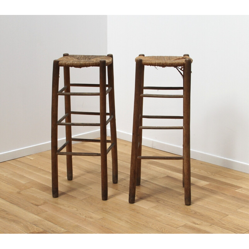 Pair of vintage wood and straw stools