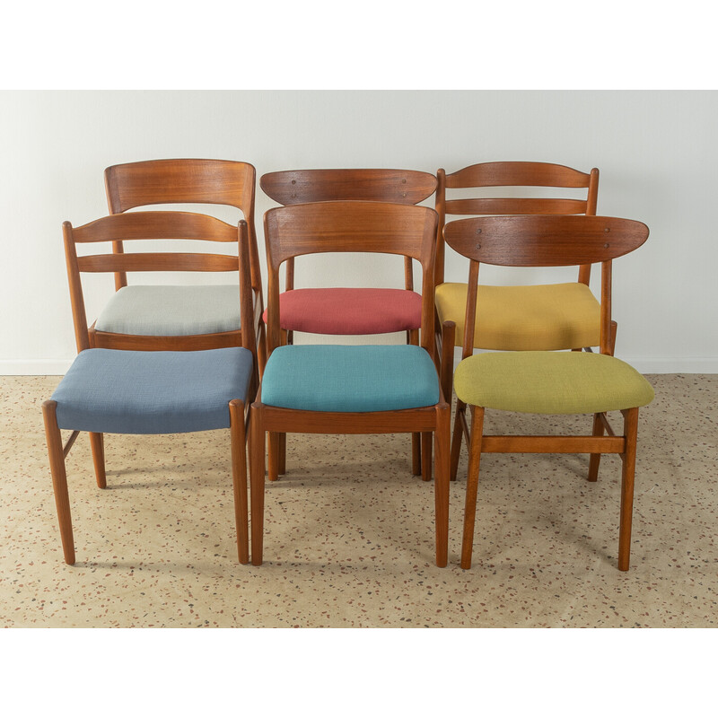 Set of 6 vintage chairs in teak and colored fabric, 1960