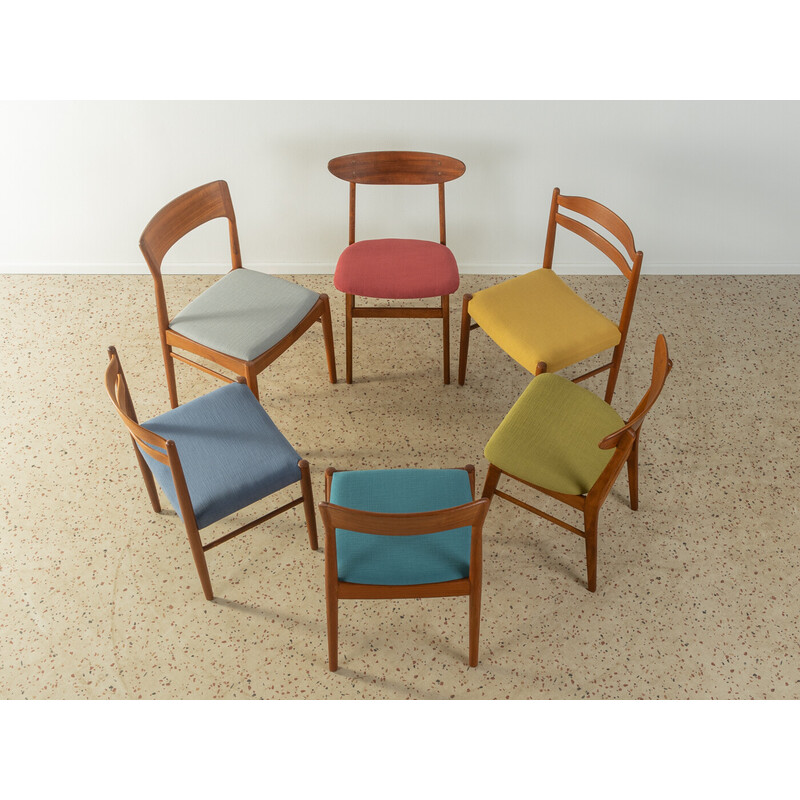 Set of 6 vintage chairs in teak and colored fabric, 1960