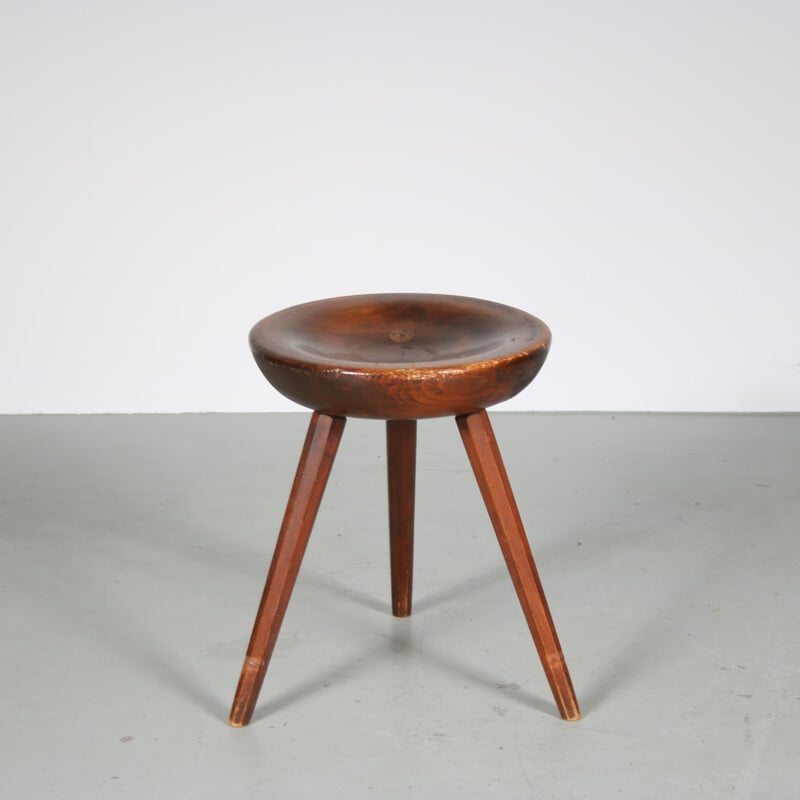 Vintage pine tripod stool, France 1950