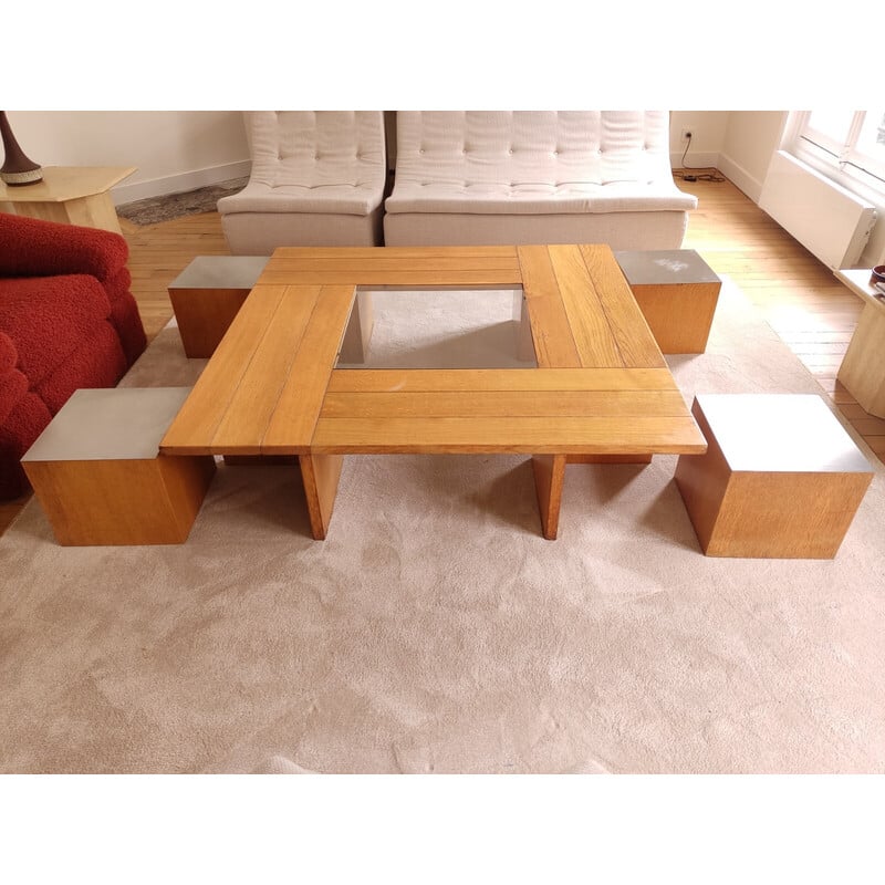 Vintage coffee table with 4 cubic seats by Tecno, 1970