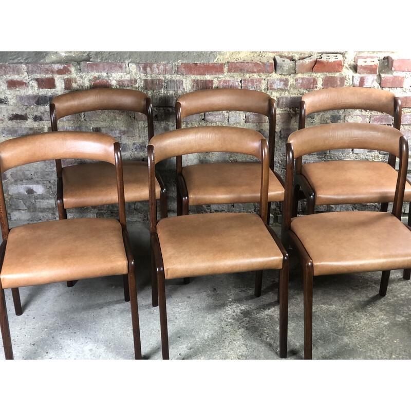 Lot de 6 chaises scandinave vintage en bois et skaï, 1960