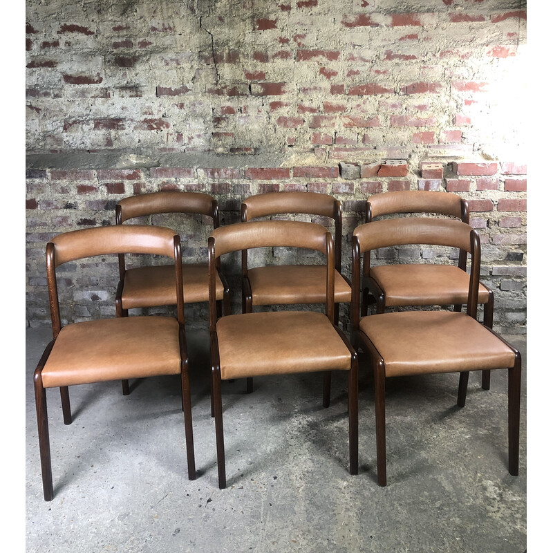 Lot de 6 chaises scandinave vintage en bois et skaï, 1960