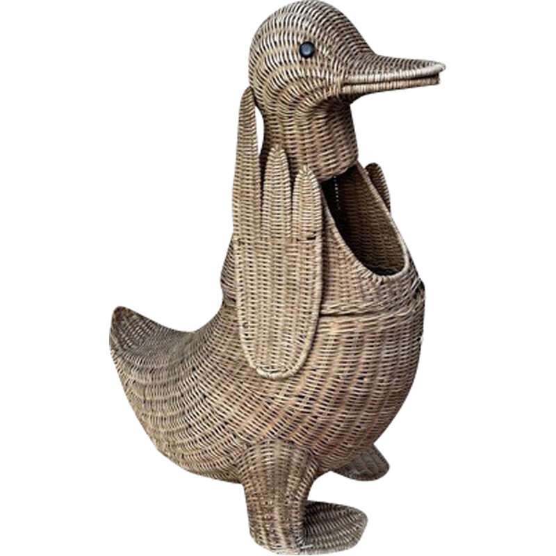 Vintage duck magazine rack in rattan by Olivier Cajan, 1970s