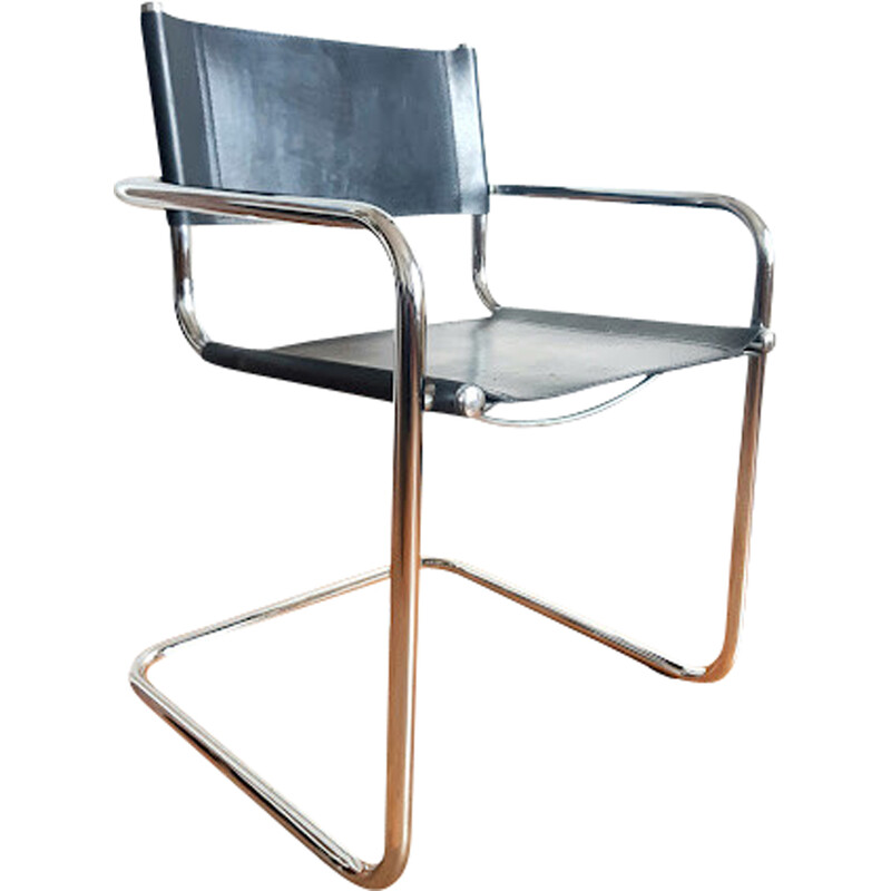 Poltrona Vintage cantilever em metal cromado e couro preto, 1970