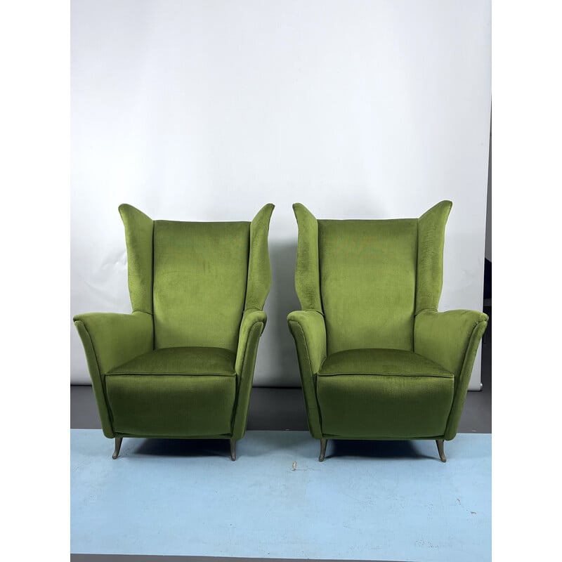 Pair of mid-century Italian green velvet Isa armchairs, 1950s