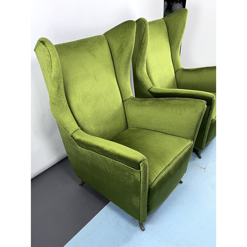 Pair of mid-century Italian green velvet Isa armchairs, 1950s