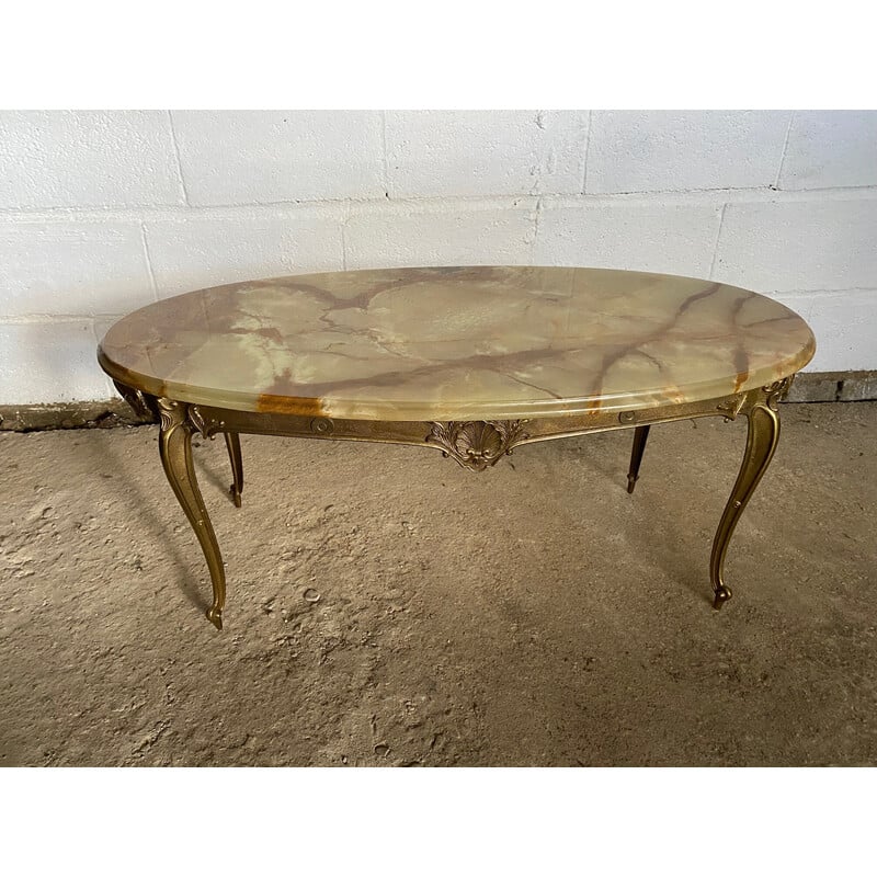 Vintage onyx and brass oval coffee table, 1950