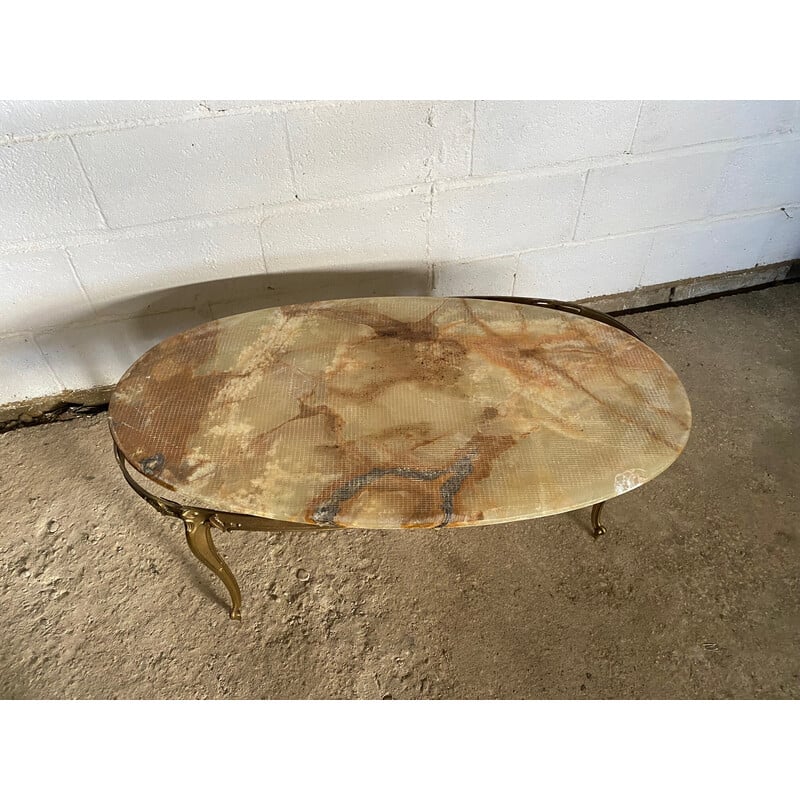 Vintage onyx and brass oval coffee table, 1950