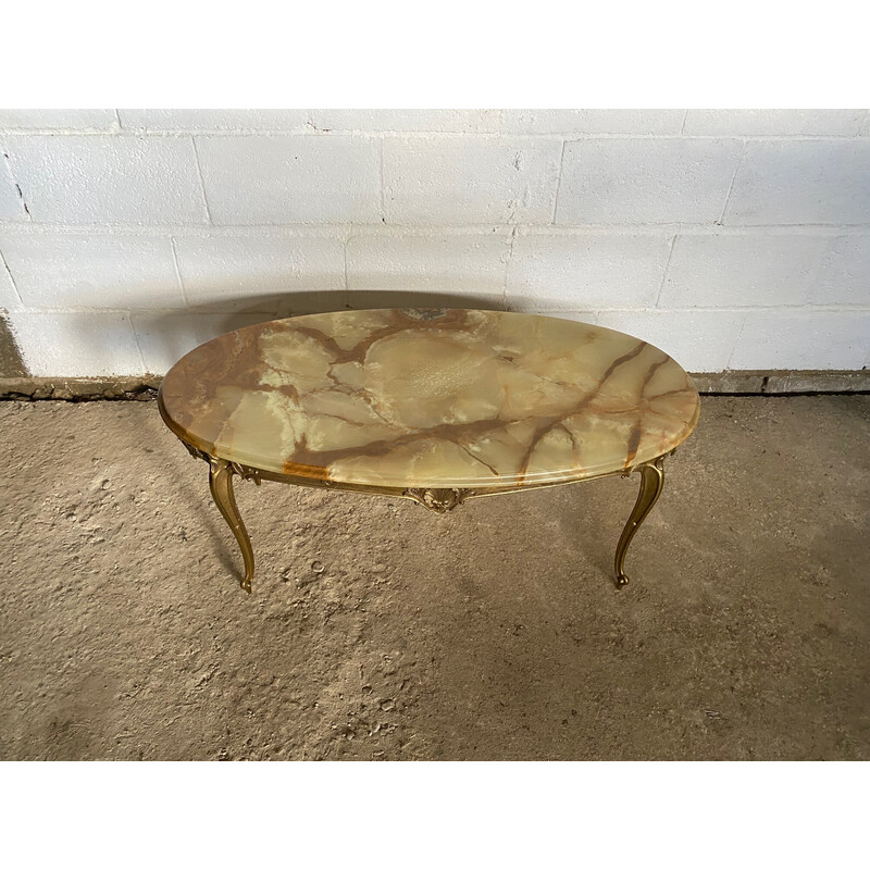 Vintage onyx and brass oval coffee table, 1950