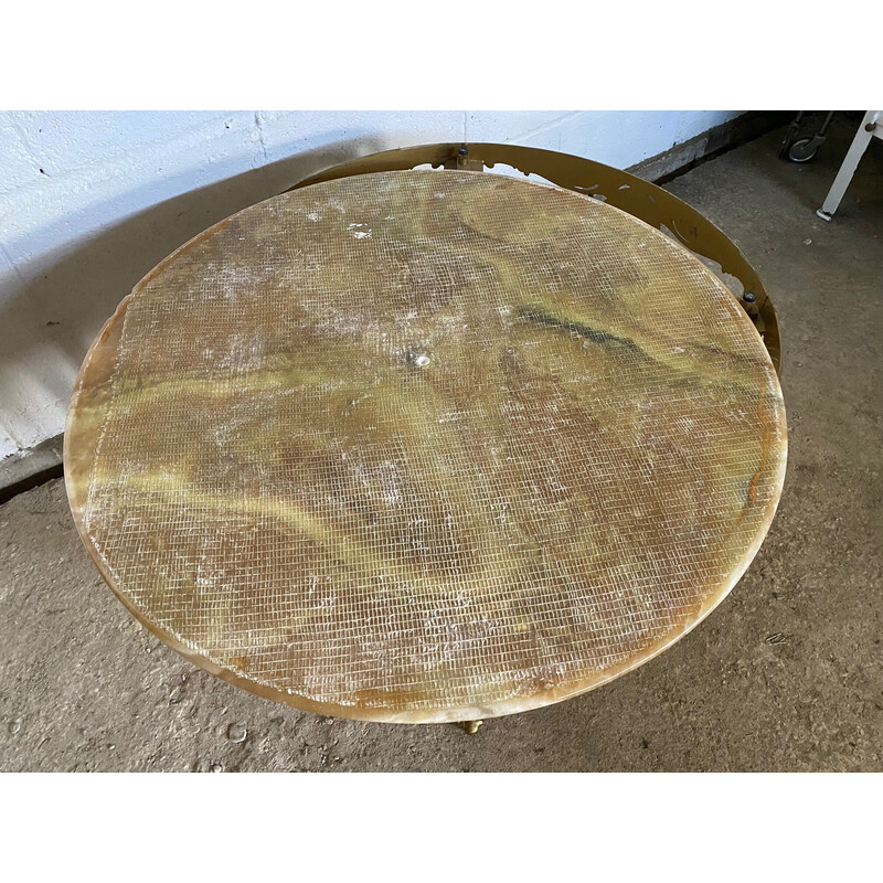 Round vintage onyx and brass coffee table, 1950