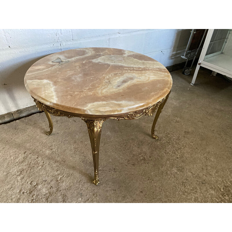 Round vintage onyx and brass coffee table, 1950