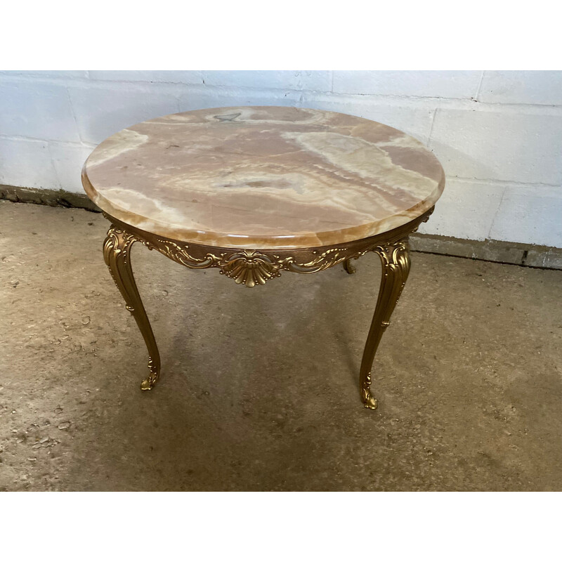 Round vintage onyx and brass coffee table, 1950