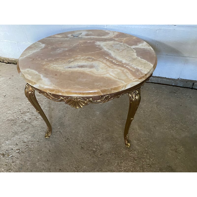 Round vintage onyx and brass coffee table, 1950