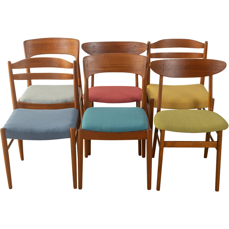 Set of 6 vintage chairs in teak and colored fabric, 1960