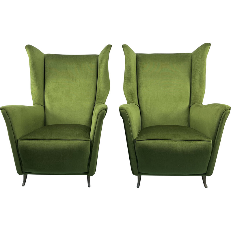 Pair of mid-century Italian green velvet Isa armchairs, 1950s