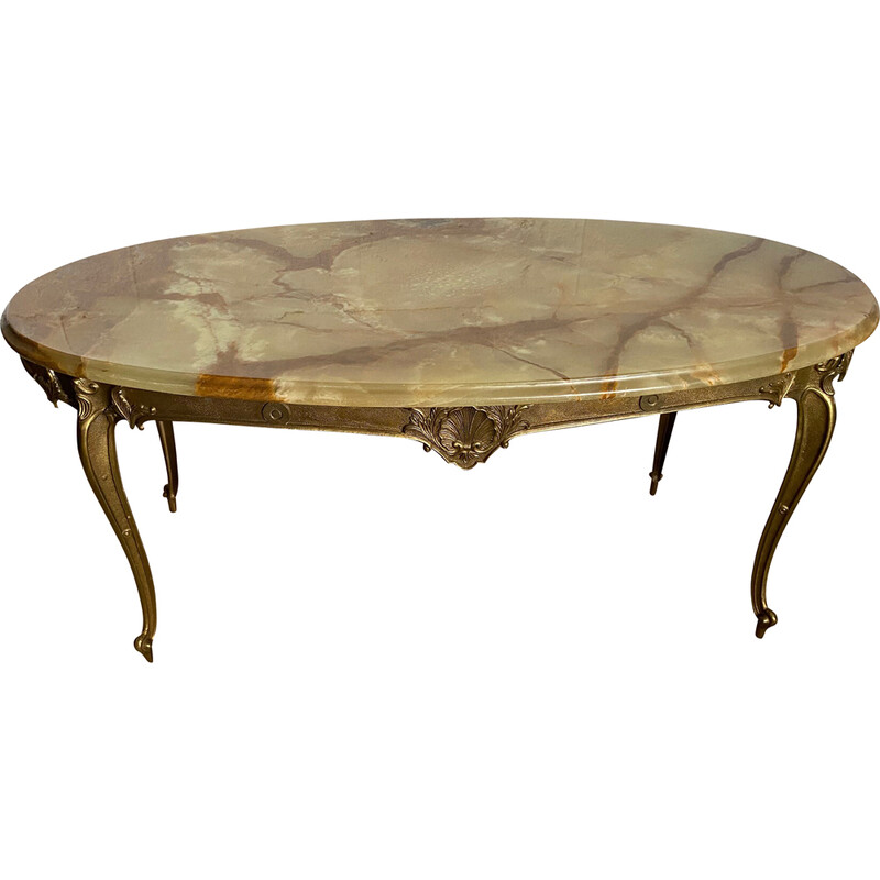 Vintage onyx and brass oval coffee table, 1950