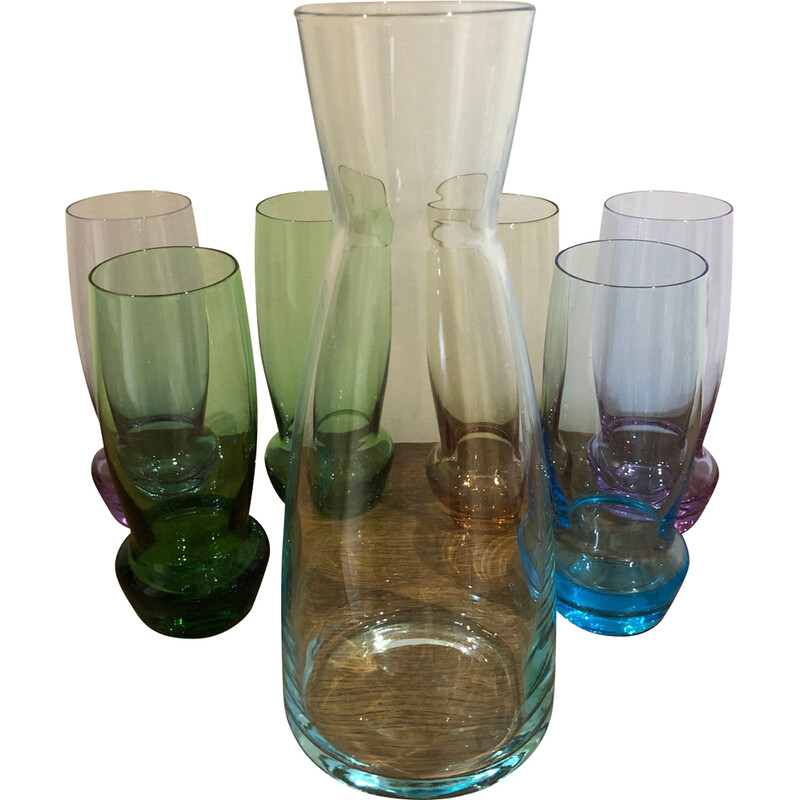 Vintage multicolored pitcher and glasses, 1970