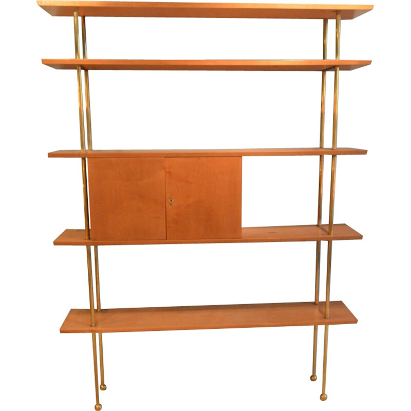 5-shelves bookcase in wood and brass - 1960s