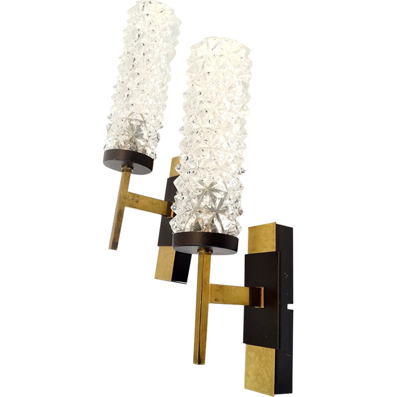 Pair of modernist wall lamps in brass and steel - 1950s