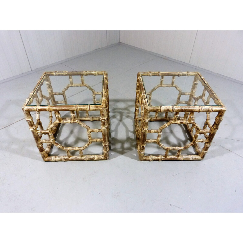 Pair of vintage wooden faux bamboo side tables, 1960s