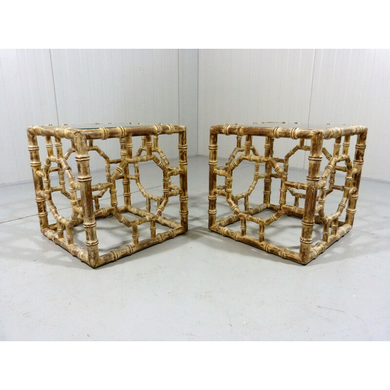 Pair of vintage wooden faux bamboo side tables, 1960s