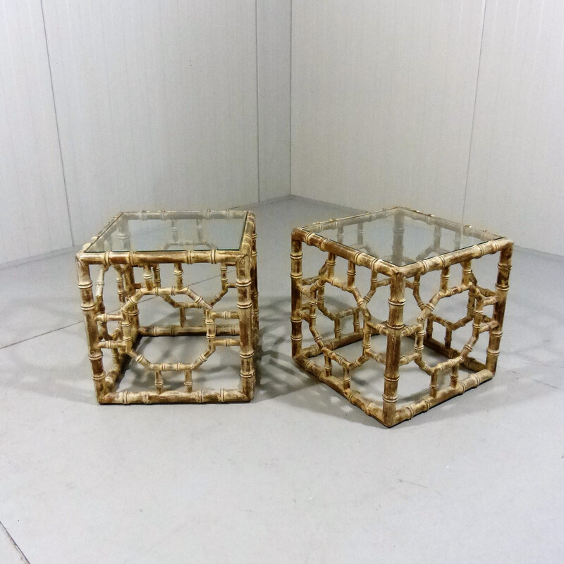 Pair of vintage wooden faux bamboo side tables, 1960s