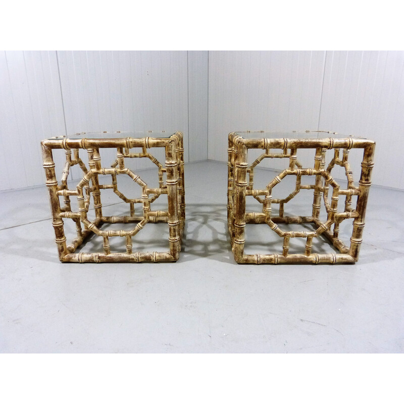 Pair of vintage wooden faux bamboo side tables, 1960s