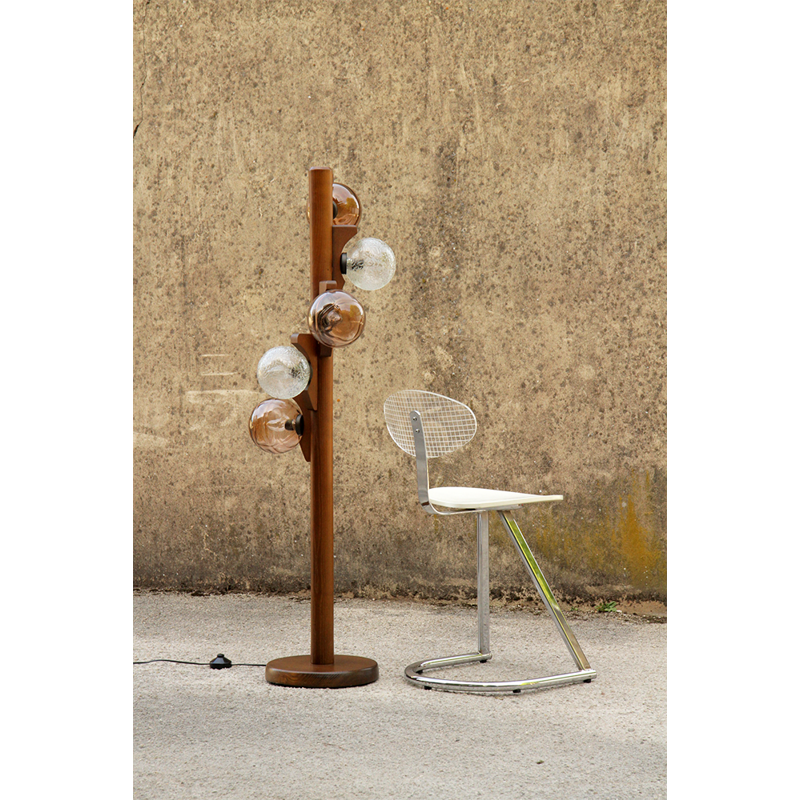 Scandinavian wood and glass 5 lights floor lamp - 1970s