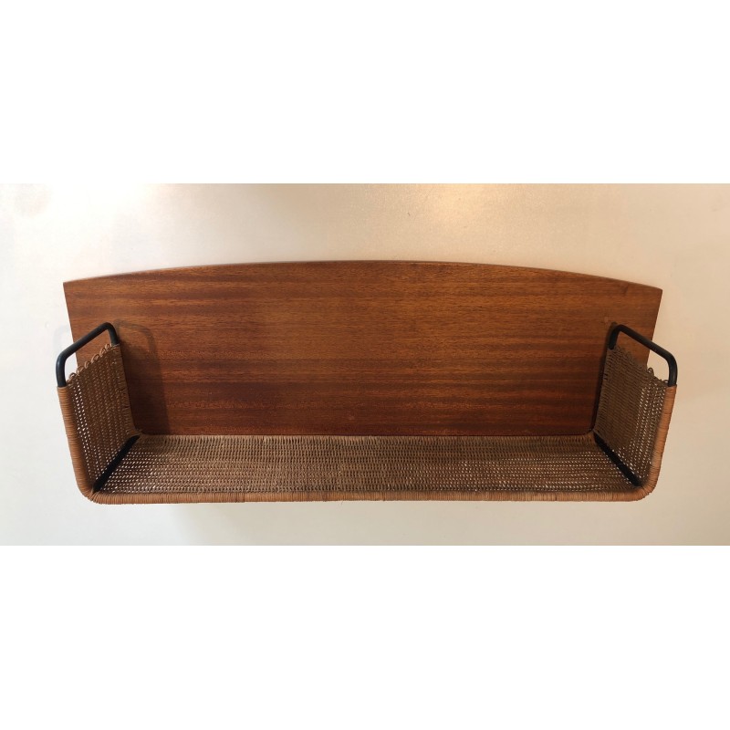 Vintage shelf in wood, rattan and lacquered metal, 1970