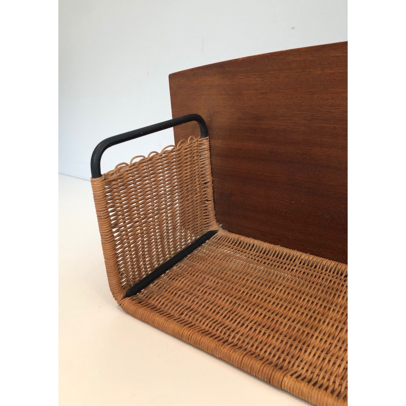 Vintage shelf in wood, rattan and lacquered metal, 1970
