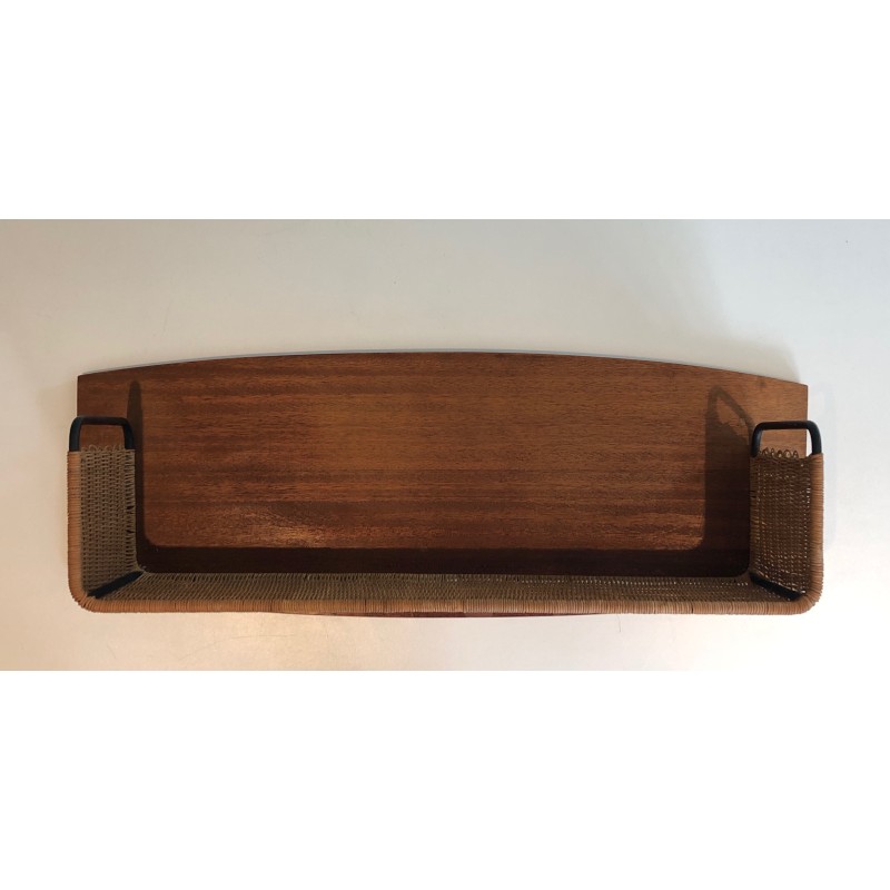 Estantería vintage de madera, ratán y metal lacado, 1970