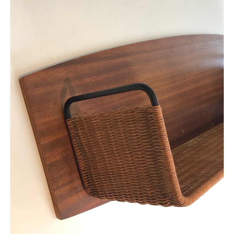 Vintage shelf in wood, rattan and lacquered metal, 1970