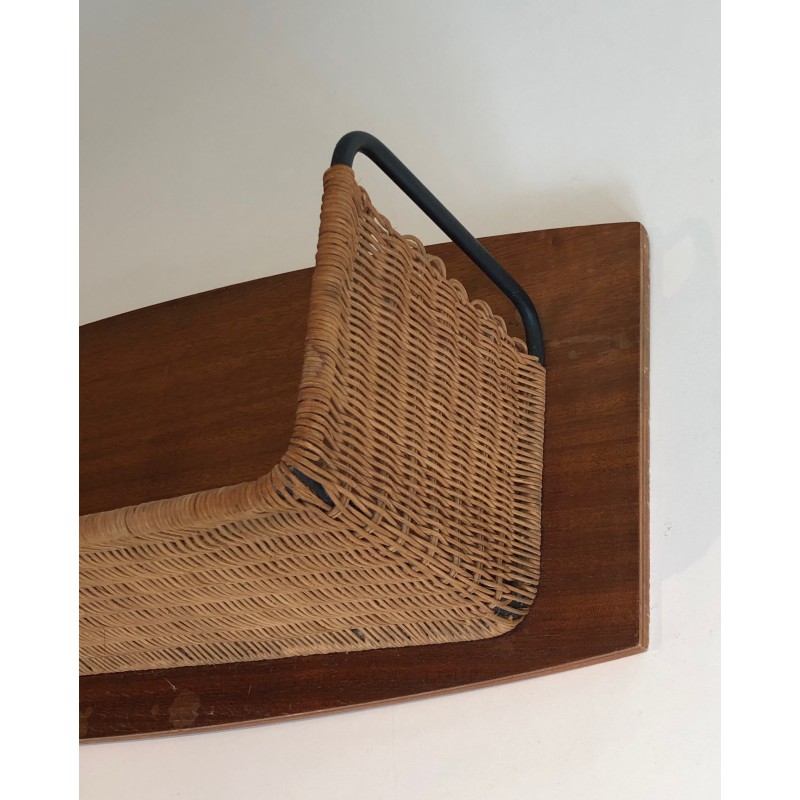 Vintage shelf in wood, rattan and lacquered metal, 1970