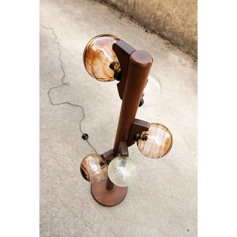 Scandinavian wood and glass 5 lights floor lamp - 1970s