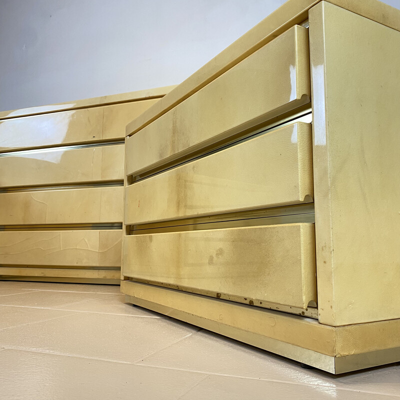 Vintage chest of drawers and a pair of night stands in parchment and brass by Aldo Tura, Italy 1960