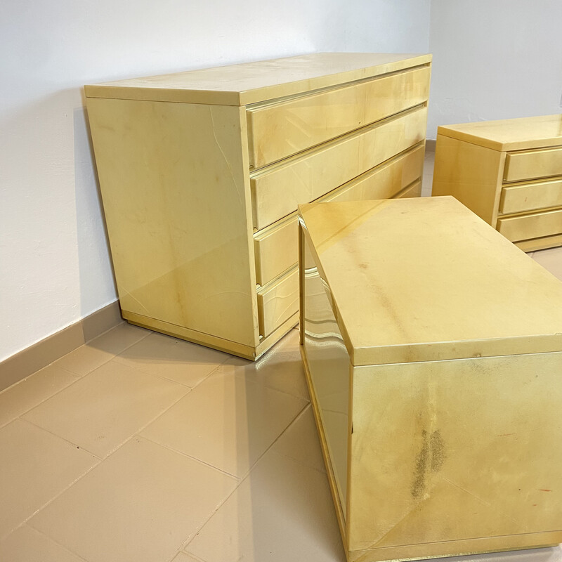 Vintage chest of drawers and a pair of night stands in parchment and brass by Aldo Tura, Italy 1960