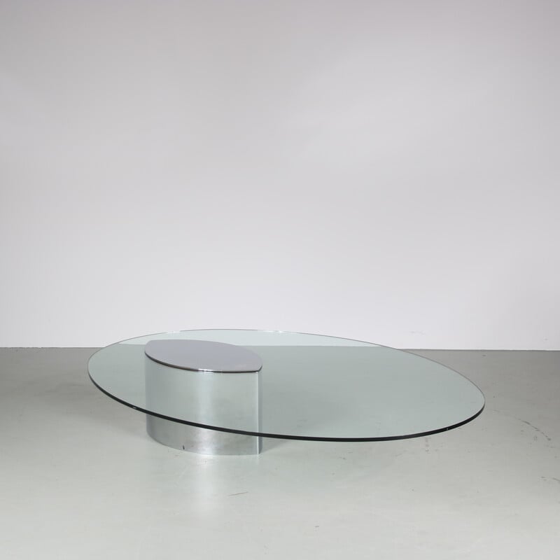 Vintage stainless steel and clear glass coffee table "Lunario" by Cini Boeri for Knoll International, USA 1970