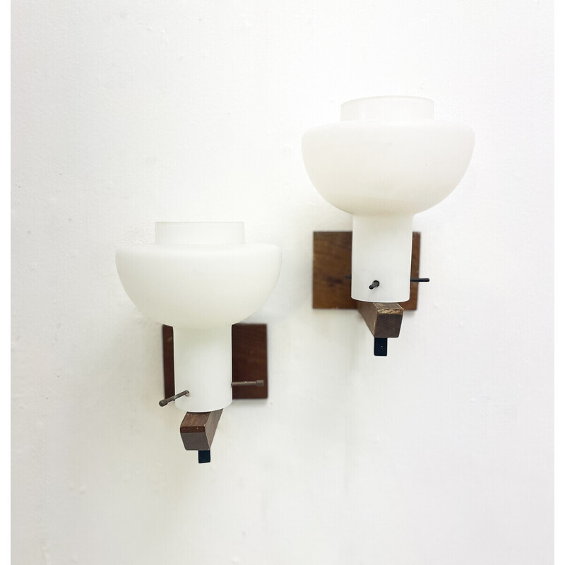 Paar Wandlampen aus Holz und Opalin, 1970
