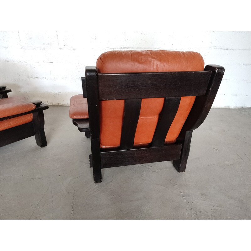 Pair of vintage Brazilian armchairs in black wood and leather