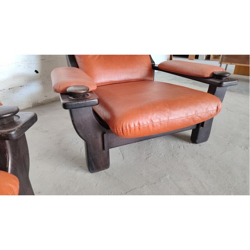 Pair of vintage Brazilian armchairs in black wood and leather