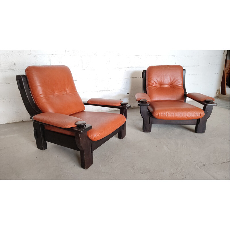 Pair of vintage Brazilian armchairs in black wood and leather