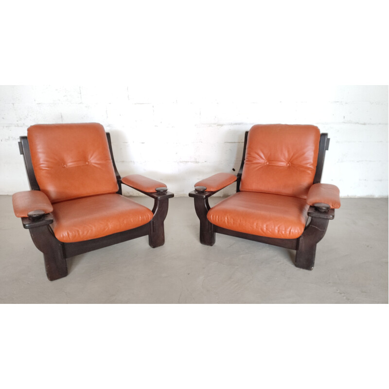Pair of vintage Brazilian armchairs in black wood and leather