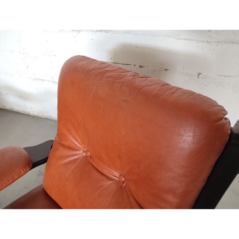 Pair of vintage Brazilian armchairs in black wood and leather