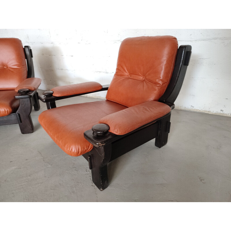 Pair of vintage Brazilian armchairs in black wood and leather