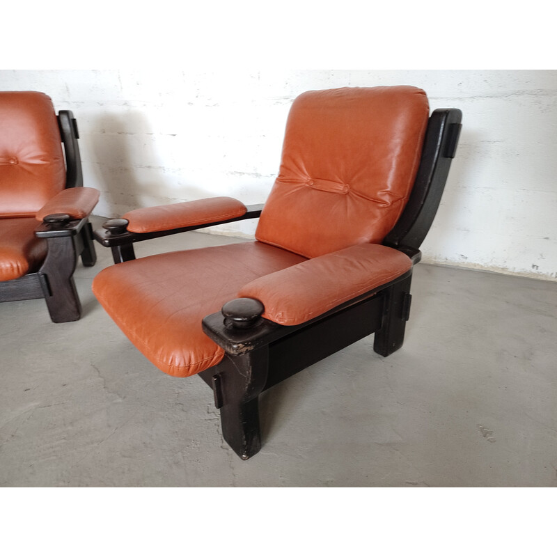 Pareja de sillones brasileños vintage en madera negra y cuero