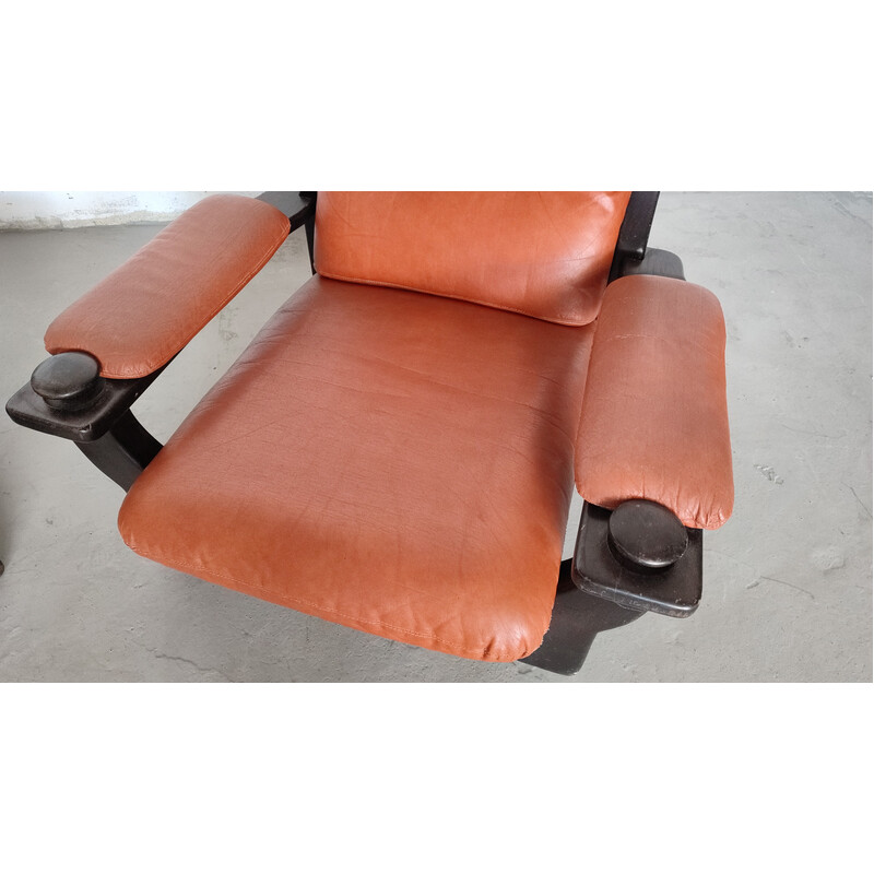 Pair of vintage Brazilian armchairs in black wood and leather