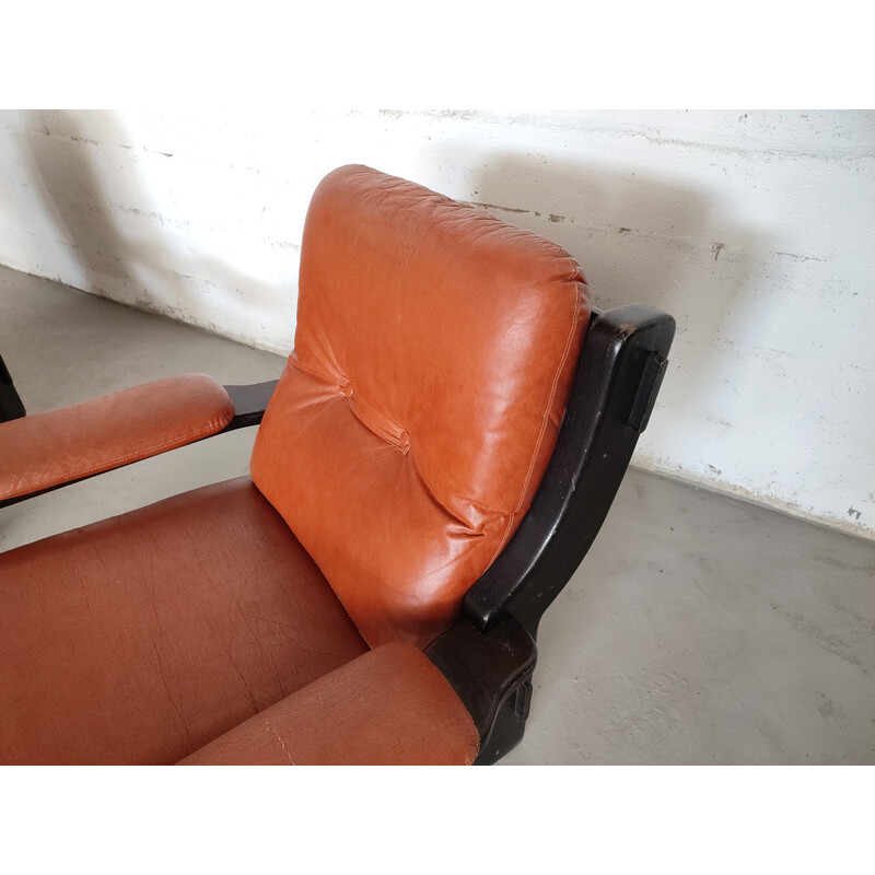 Pair of vintage Brazilian armchairs in black wood and leather